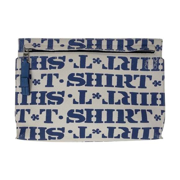 LOEWE T-Pouch in blue and white with silver hardware leather clutch bag sec...